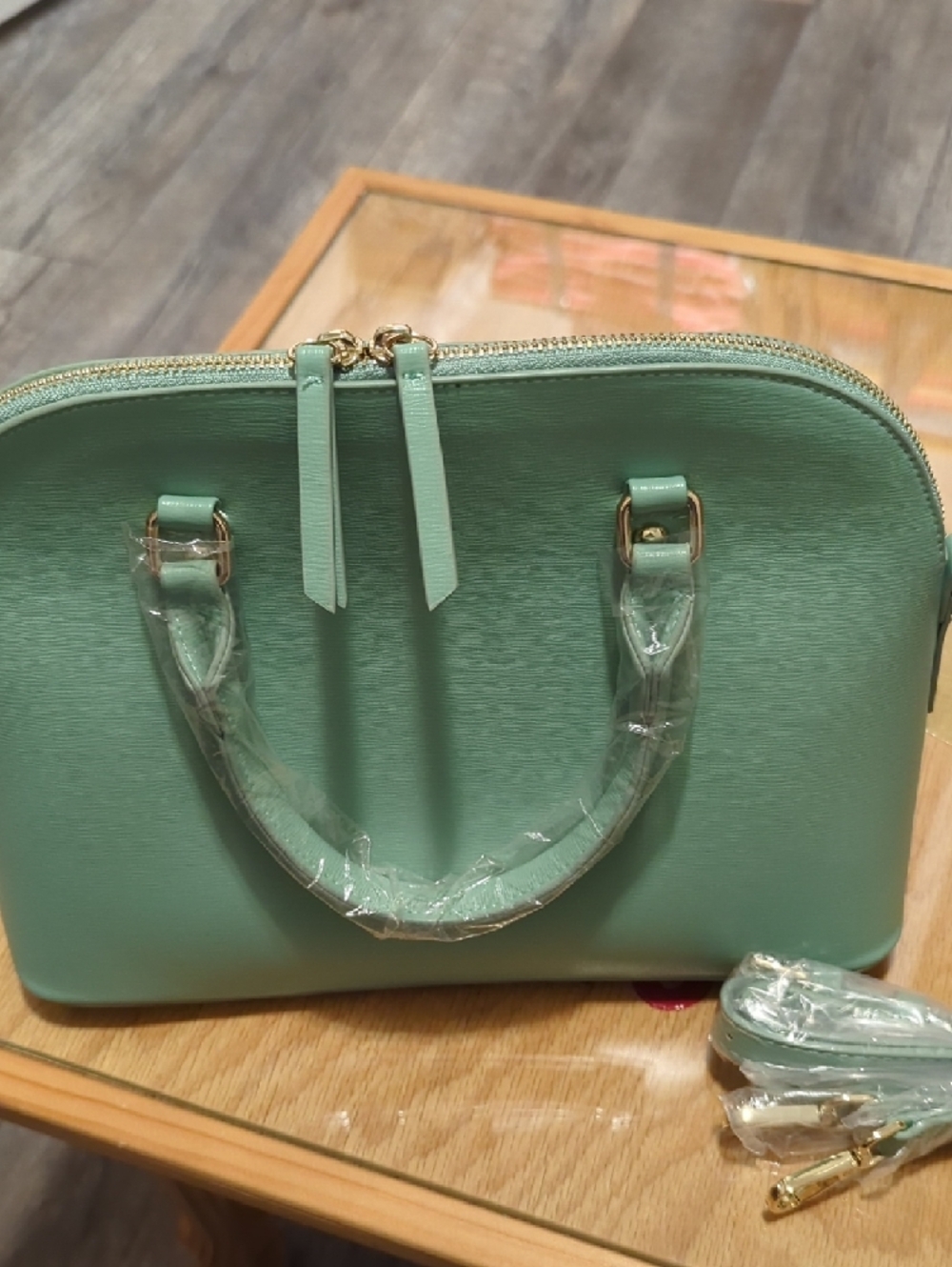 jm Mint Dome Satchel Crossbody with Detachable Strap and Gold Trim - Picture 2 of 5